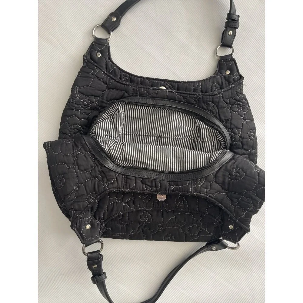 Thirty One Shoulder Bag Womens Black Flower‎ Poppy Quilted Hobo Purse 3 Sections